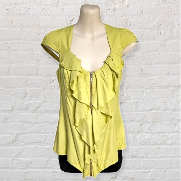 Cue Tops - Aus 8 Cue Yellow Layered Frill Zip Front Short Sleeved Blouse